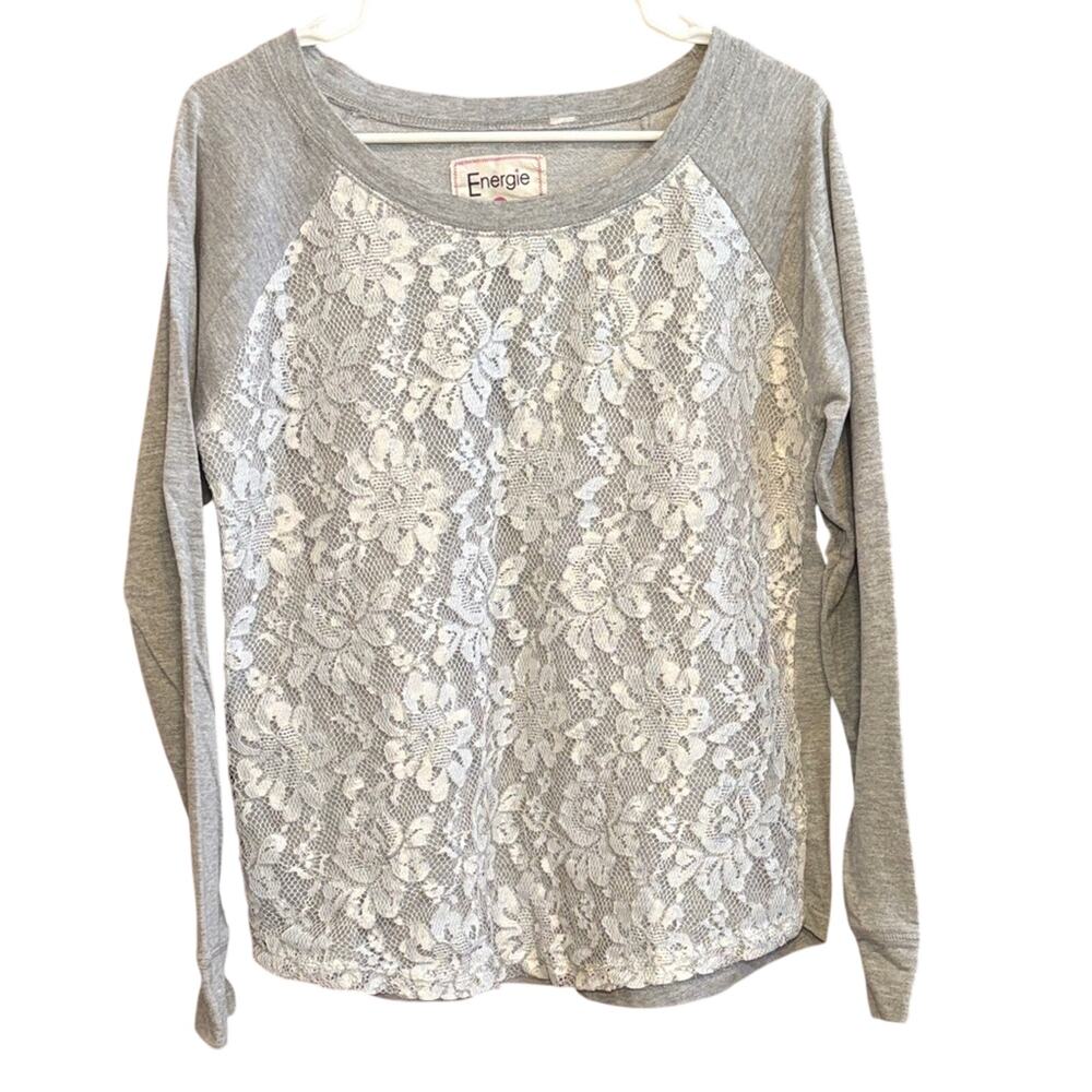 Energie Heather Gray Lace Panel Sweatshirt XL Romantic Casual Top